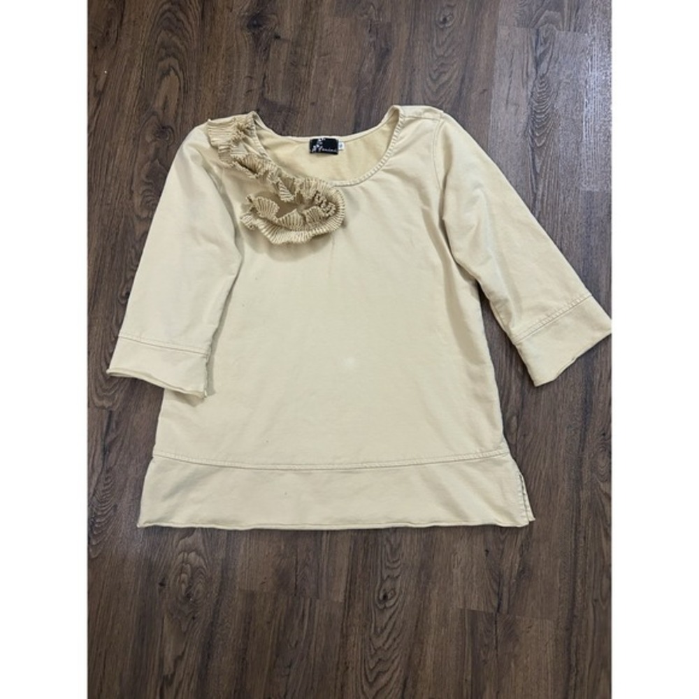 Fenini Women's top Butter Yellow Tunic S W Ruffle Neck Detail 3/4 Sleeve Staple